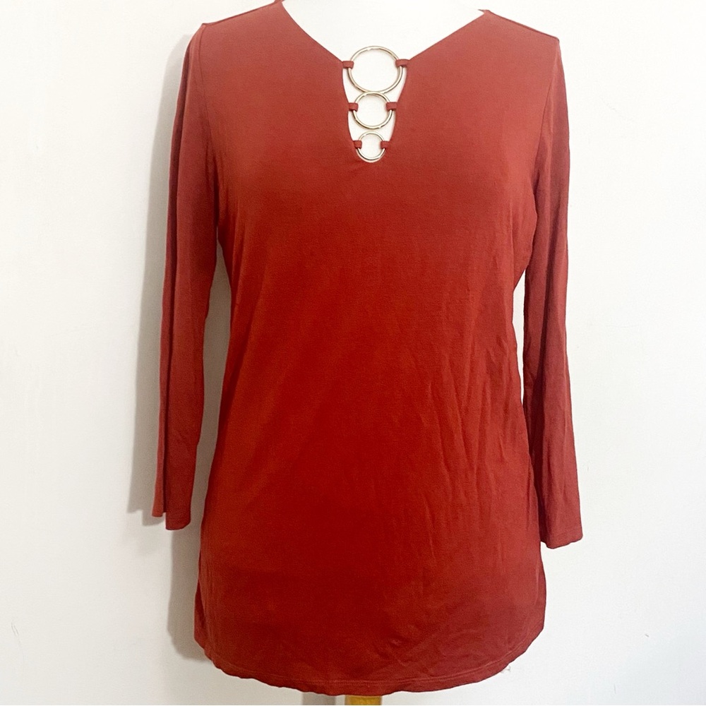 INC International Concepts Rust Long Sleeve Top with V-neckline, Ring Accents. L